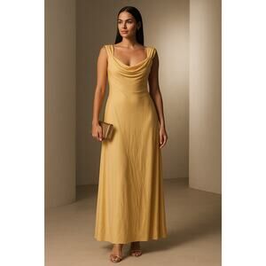 New Lauren Ralph Lauren Gold Yellow Draped Cowl Neck Gown Dress 12 Formal